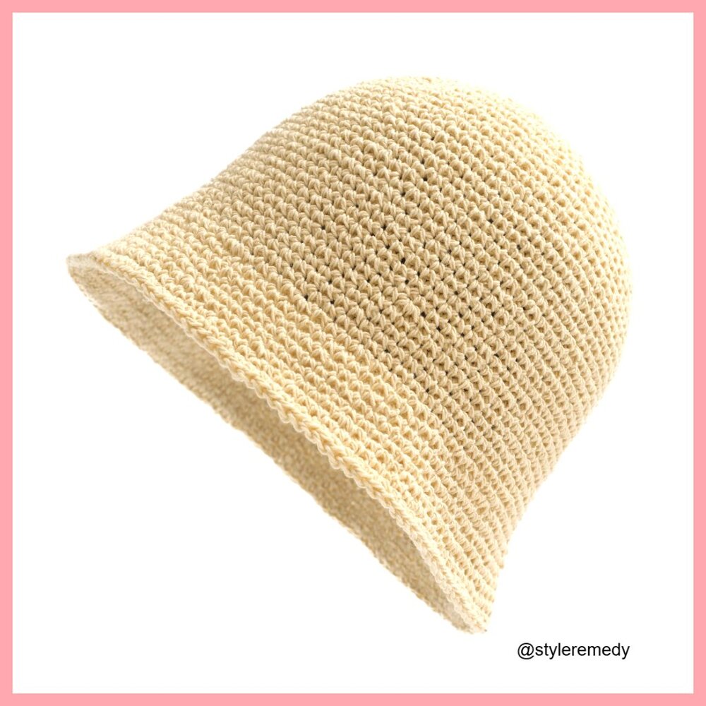 Handmade Cotton Crochet Bucket Hat with Leather Bowknot